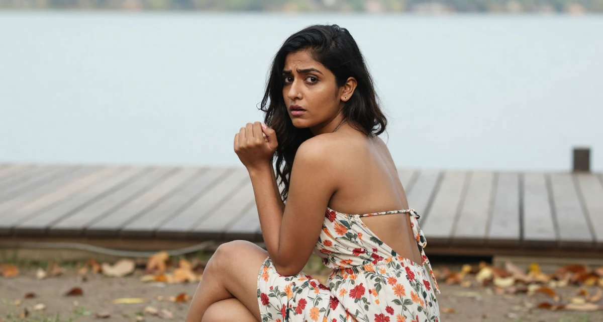 A stunned Female From Mumbai India, studied film production in their 22, maintaining emotional distance while delivering flirty energy, wearing a backless summer sundress in a floral print, cracking knuckles in a serene lakeside dock.