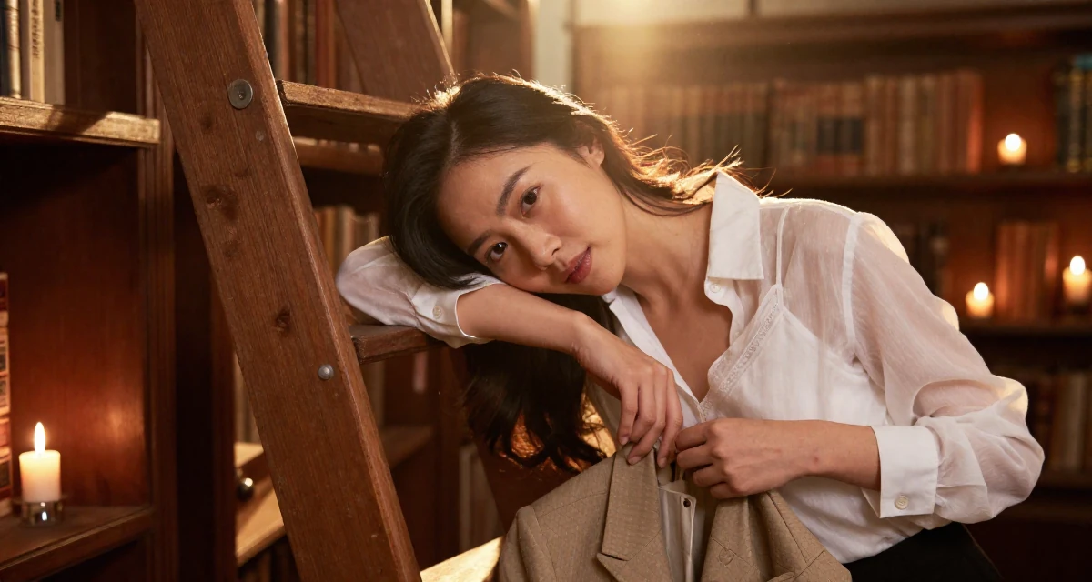 A energetic Female From Singapore, has a degree in business management in their 30, knowing the hustle is hard but quitting feels worse, wearing a sheer white blouse with a delicate camisole underneath, buttoning a jacket in a old library with wooden ladders.
