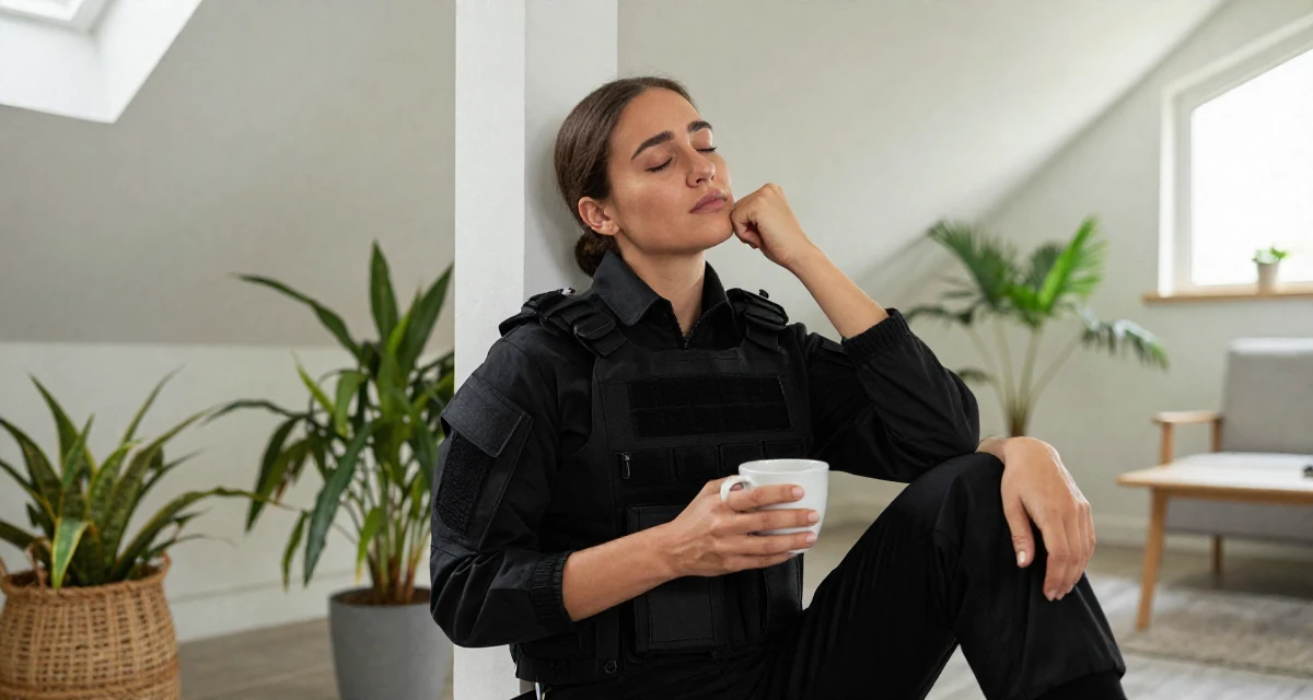 A vulnerable Female Former nurse in her late 20s, now building a wellness-focused creator brand in their 20, heartbroken over a summer romance, wearing a special forces tactical suit in matte black, holding a cup of coffee in a attic room.