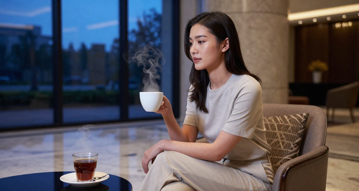 A elegant Female From United States, majored in hospitality operations in their 21, feeling lonely despite being constantly online, wearing a clean, neutral-toned casual outfit, glancing over the shoulder in a luxury hotel lobby.