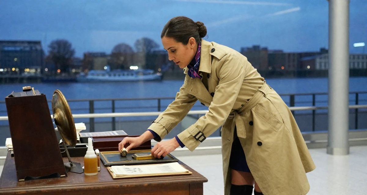 A ambitious Female Former flight attendant, now offering global-inspired aesthetic content in their 49, expert in antique restoration and design, wearing a timeless trench and boots, picking something up in a airport terminal.