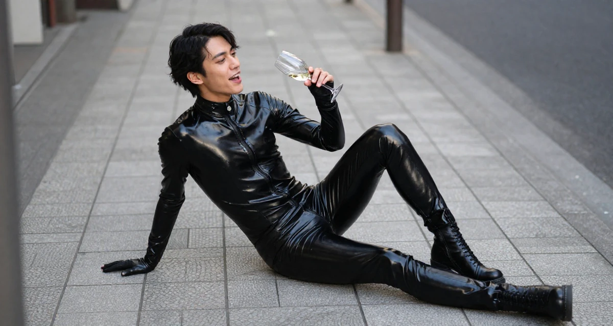 A enthusiastic male From Tokyo Japan, studied gravure-style posing and aesthetic direction in their 22, adjusting workflow to avoid late-night editing sessions, wearing a glossy black latex bodysuit with futuristic details, holding a wine glass by the stem in a city sidewalk.