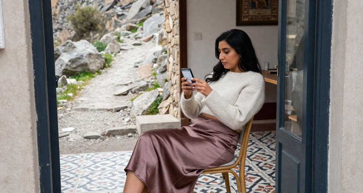 A focused Female From Arabic-speaking world, studied business law in their 25, embracing full creative control over a bold persona, wearing a satin midi skirt and a fuzzy cropped sweater, inspecting an object in a mountain trail.