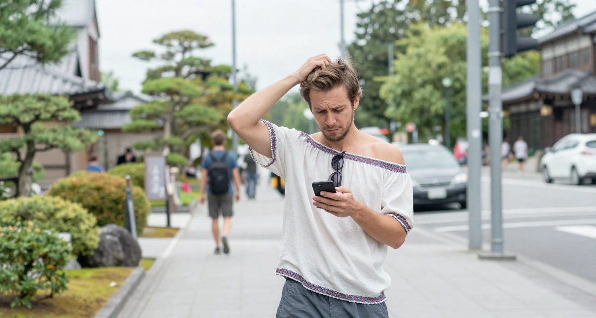 A puzzled male From Finland, studied applied linguistics in their 22, managing emotional whiplash from fluctuating subscriber counts, wearing a boho style off-shoulder peasant top and shorts, texting with both thumbs in a busy intersection.
