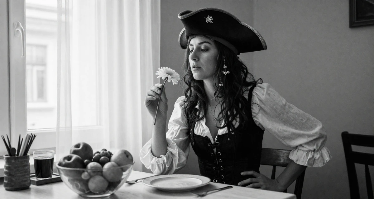 A steady Female From Salzburg Austria, practiced soft-aesthetic lifestyle content in their 20, living entirely for the aesthetic of the moment, wearing a pirate captain outfit with a corset and tricorn hat, holding a single flower in a breakfast nook.
