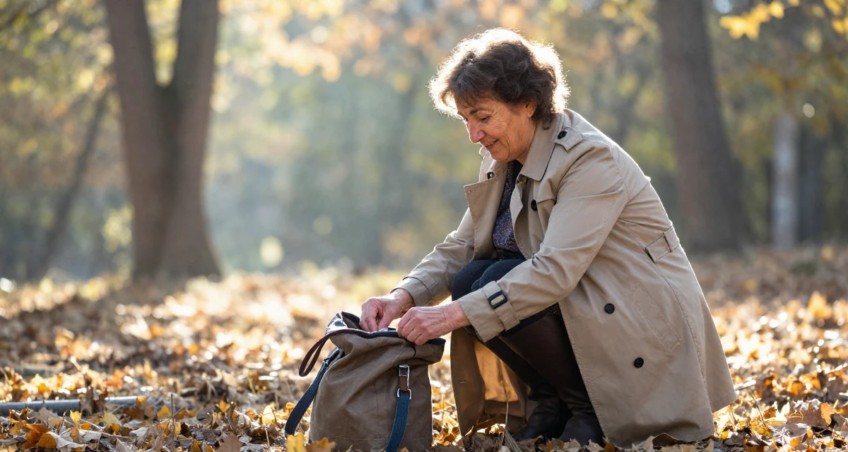 A sympathetic Female From Ankara Türkiye, practiced intimate photography aesthetics in their 48, grandmother sharing joy and family recipes, wearing a timeless trench and boots, reaching into a bag in a autumn forest.