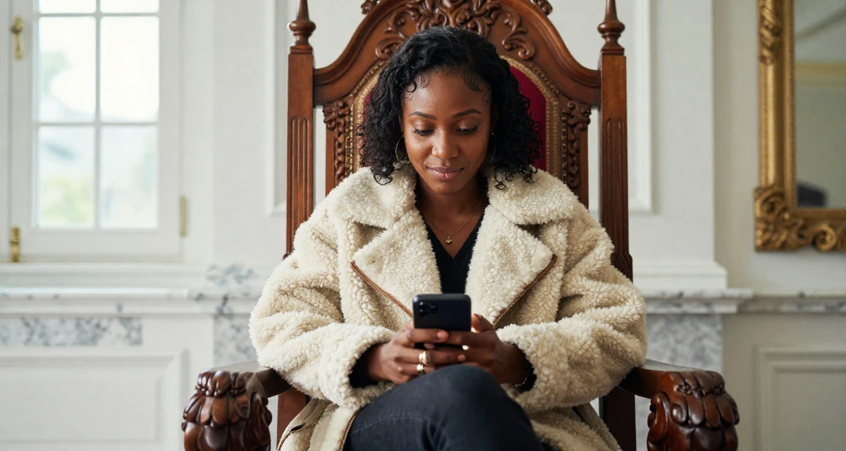 A sympathetic Female From Nigeria, majored in business communication in their 36, sharing the ups and downs of entrepreneurship, wearing a warm shearling jacket, playing with a ring on a finger in a royal palace throne room.
