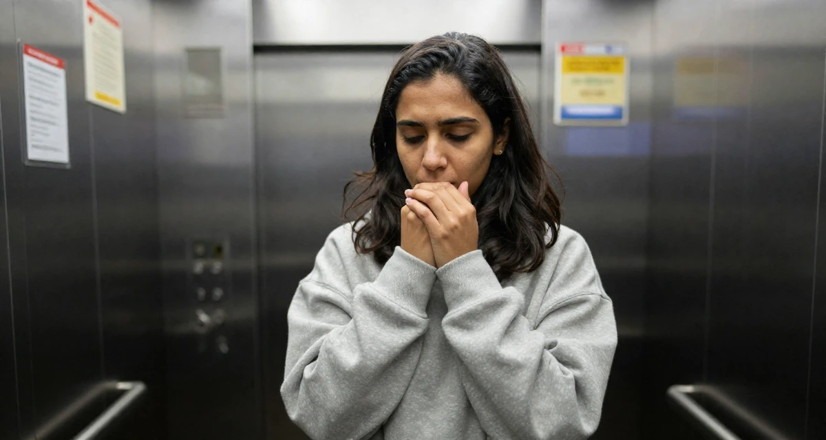 A gently serious Female From Sri Lanka, studied supply chain management in their 22, facing early rejection and learning from it, wearing a trendy oversized hoodie, stifling a yawn in a corporate elevator.