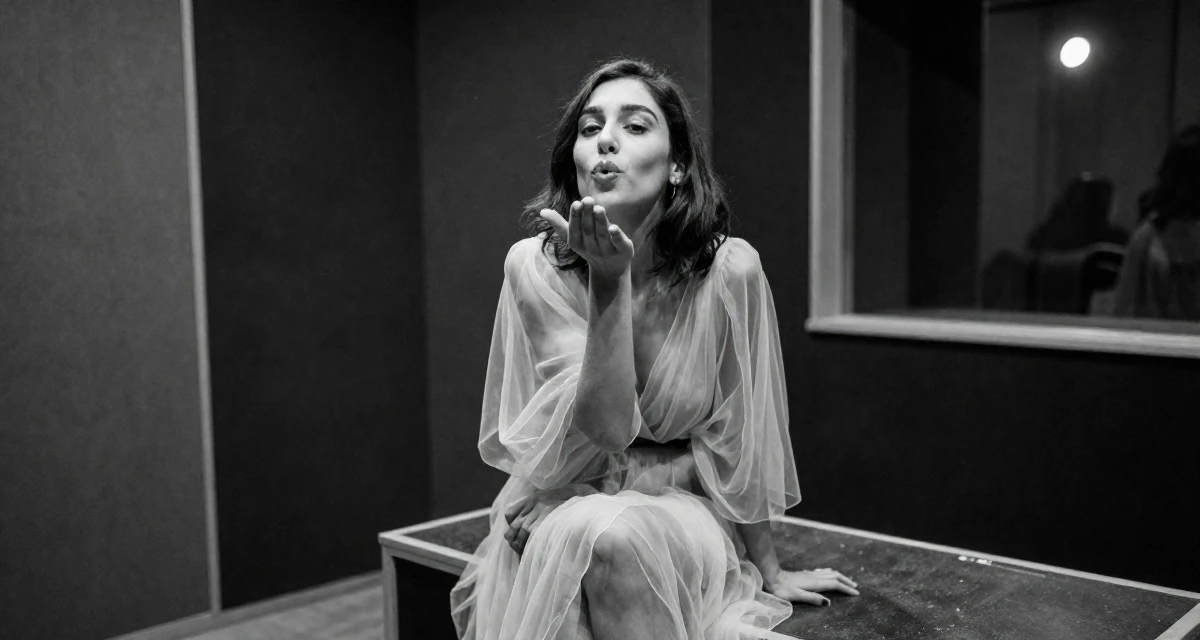 A inspired Female From Spain, majored in journalism in their 21, exploring the city nightlife until sunrise, wearing a ethereal spirit dress made of flowing sheer chiffon, blowing a kiss in a recording booth.