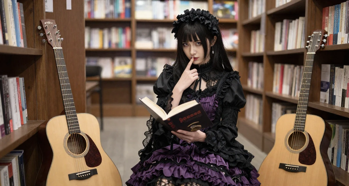 A intense Female From UK, studied law at a prestigious university in their 30, stepping confidently into a new decade of life, wearing a elaborate gothic lolita dress with frills and lace, opening a book in a bookstore aisle.