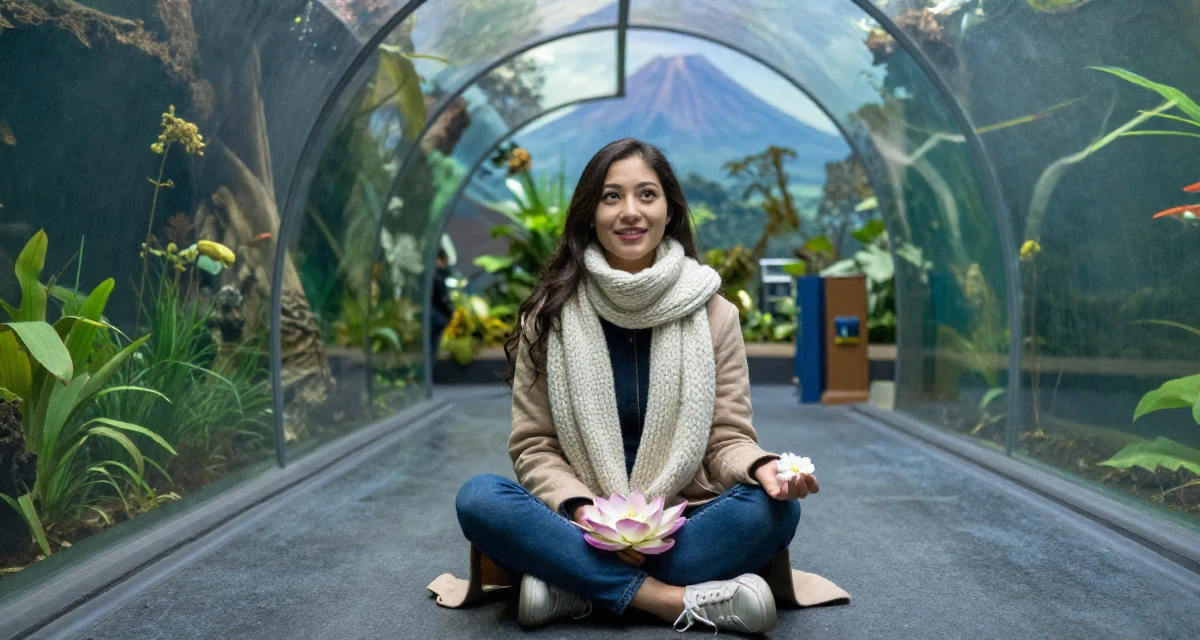 A charismatic Female From Vietnam, based in Nha Trang, graduated from a media school majoring in soft-romantic content direction in their 20, trying to balance academic pressure and social life, wearing a heavy knit scarf and coat, holding a flower in a aquarium tunnel.