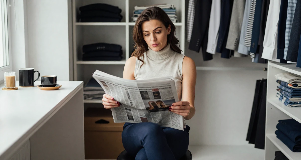 A witty Female From the United Kingdom, based in Manchester, graduated from a city university majoring in marketing strategy in their 47, preparing for empty-nest life, wearing a sleeveless turtleneck top and tailored cigarette pants, holding a newspaper in a walk-in closet.