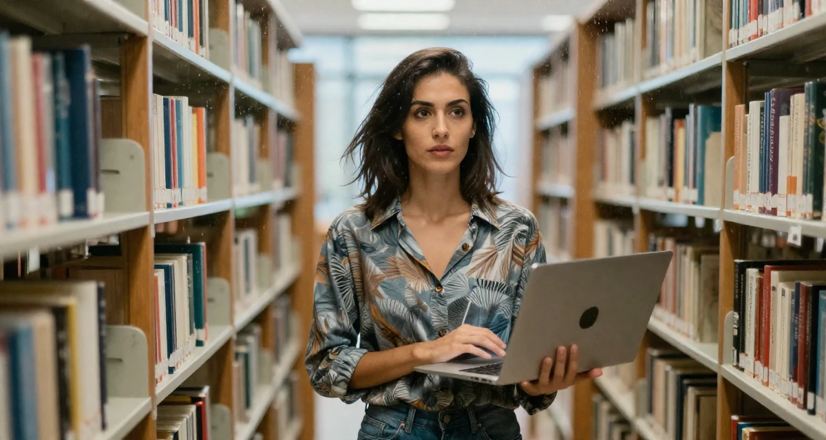 A proud Female From Chinese-speaking regions, studied mechanical design in their 23, learning to convert sensual confidence into stable income, wearing a relaxed fit patterned shirt, holding a laptop in a library aisle.
