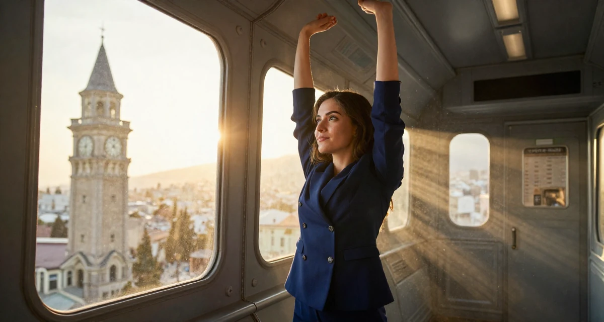 A cheeky Female From Georgia, based in Batumi, graduated from a local academy majoring in social media management in their 21, seeking internships and professional validation, wearing a classic navy blue ensemble, looking out the window in a spaceship corridor.