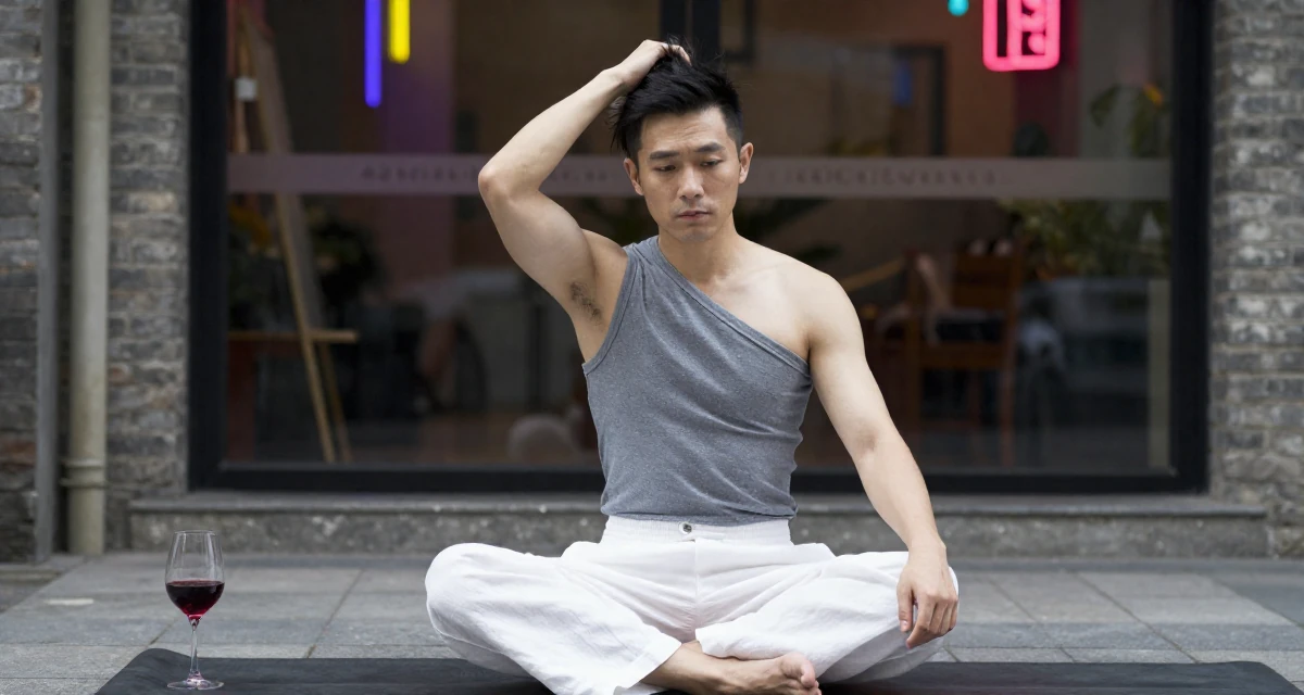 A dignified male From Chongqing China, trained in yoga and body-movement expression in their 57, balancing health issues and work, wearing a one-shoulder fitted top and white linen trousers, messing up hair playfully in a neon-lit street.