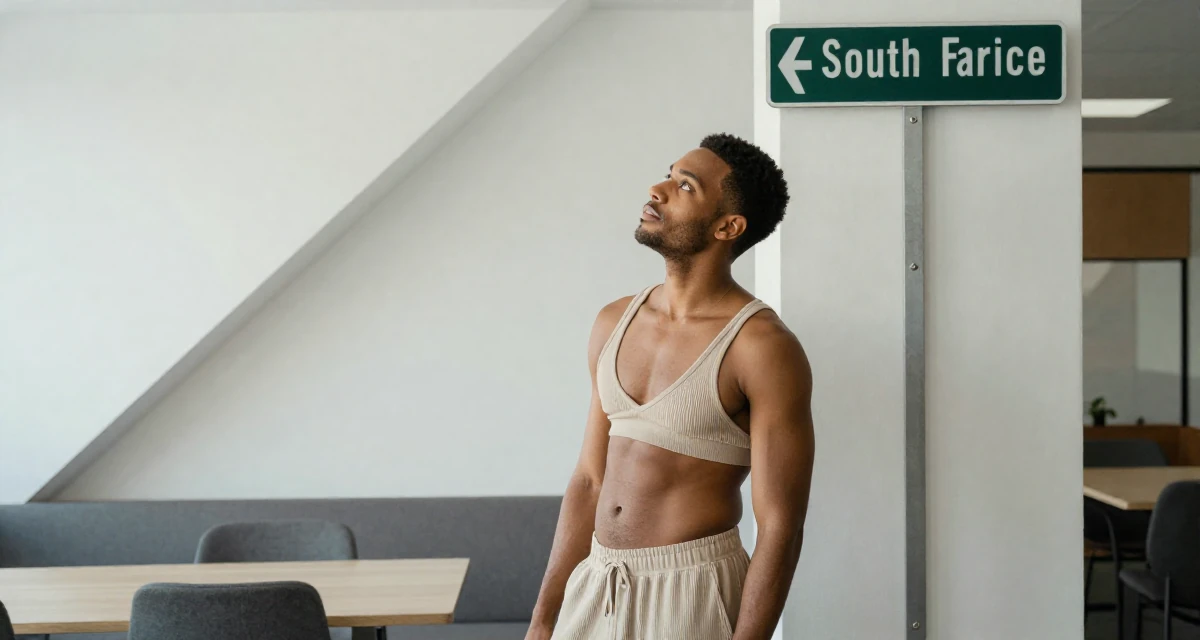 A subtly confident male From South Africa, majored in development studies in their 25, deciding to start a business or bold project, wearing a ribbed knit shorts and a matching bra top, looking at a street sign in a office break room.