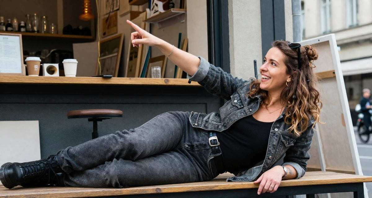 A victorious Female From Switzerland, based in Geneva, graduated from a local university majoring in communication management in their 55, exploring digital entrepreneurship, wearing a modern grunge aesthetic, pointing at something distant in a messy artist studio.