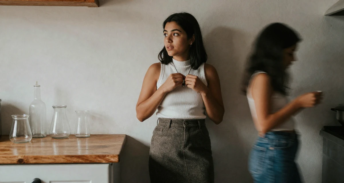 A curious and focused Female Raised in Peru, studied advertising management in their 21, realizing childhood friends are drifting away, wearing a ribbed mock neck top and a long wool skirt, fiddling with a necklace in a rustic kitchen.