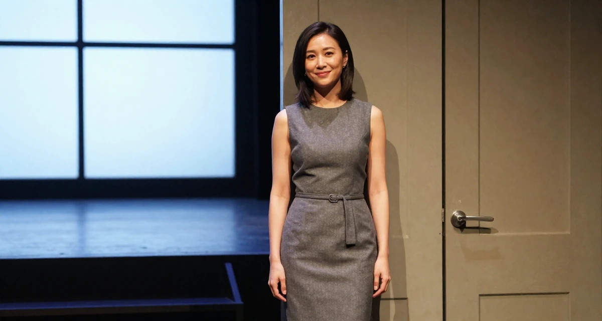 A satisfied Female Once a recruitment assistant, now creating relatable work-life content in their 47, navigating the challenges of the sandwich generation, wearing a fitted sleeveless shift dress with a belt, leaning against a door in a theater stage.