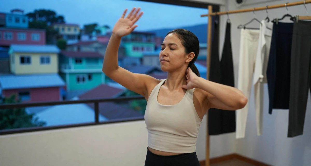 A flirty Female From Cebu Philippines, majored in nursing in their 22, trying to build a capsule wardrobe on a budget, wearing a minimalist everyday clothing, massaging the neck in a yoga studio.