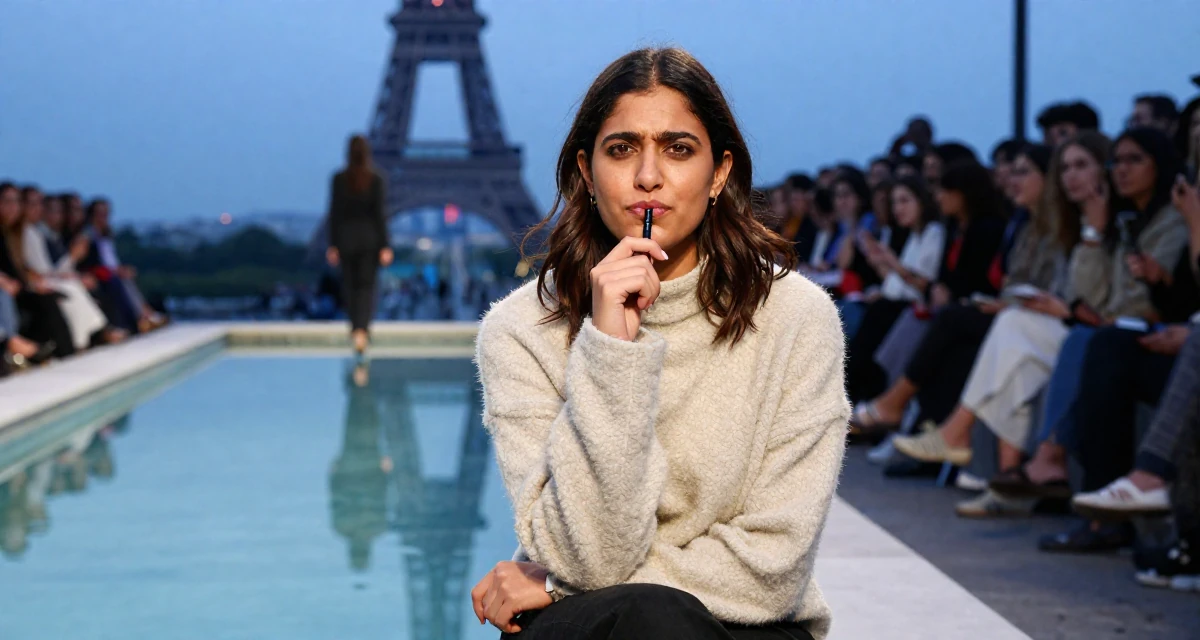 A unbothered Female From New Delhi India, majored in English literature in their 22, feeling like a small fish in a big corporate pond, wearing a cozy fleece pullover, chewing on a pen thoughtlessly in a fashion runway.