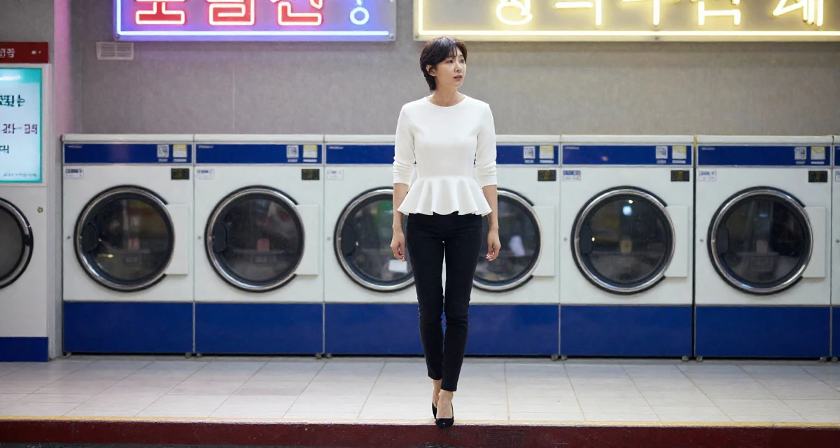 A melancholic yet beautiful male From South Korea, trained in broadcasting and media in their 38, reviewer of high-end tech products, wearing a white peplum top and skinny black trousers, stepping onto a curb in a laundromat with neon signs.
