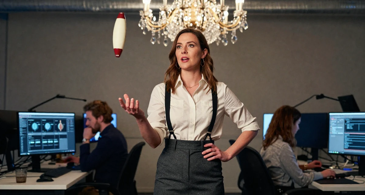 A open and honest Female From Oslo Norway, majored in music technology in their 35, juggling co-parenting and a dating life, wearing a high-waisted skirt with suspenders and a shirt, gesturing while talking in a cybernetic computer lab.