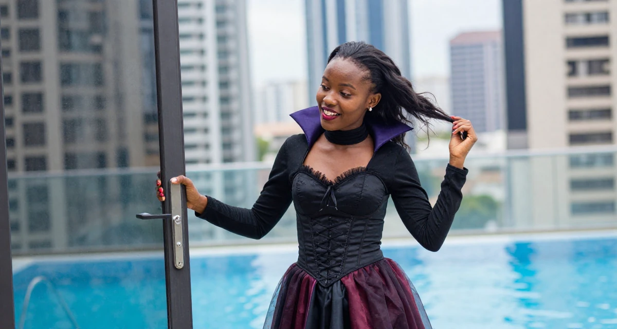 A upbeat Female From Mombasa Kenya, studied hospitality in their 22, experimenting with online creative platforms, wearing a vampire queen gown with a high collar and corset, pulling a door open in a swimming pool.
