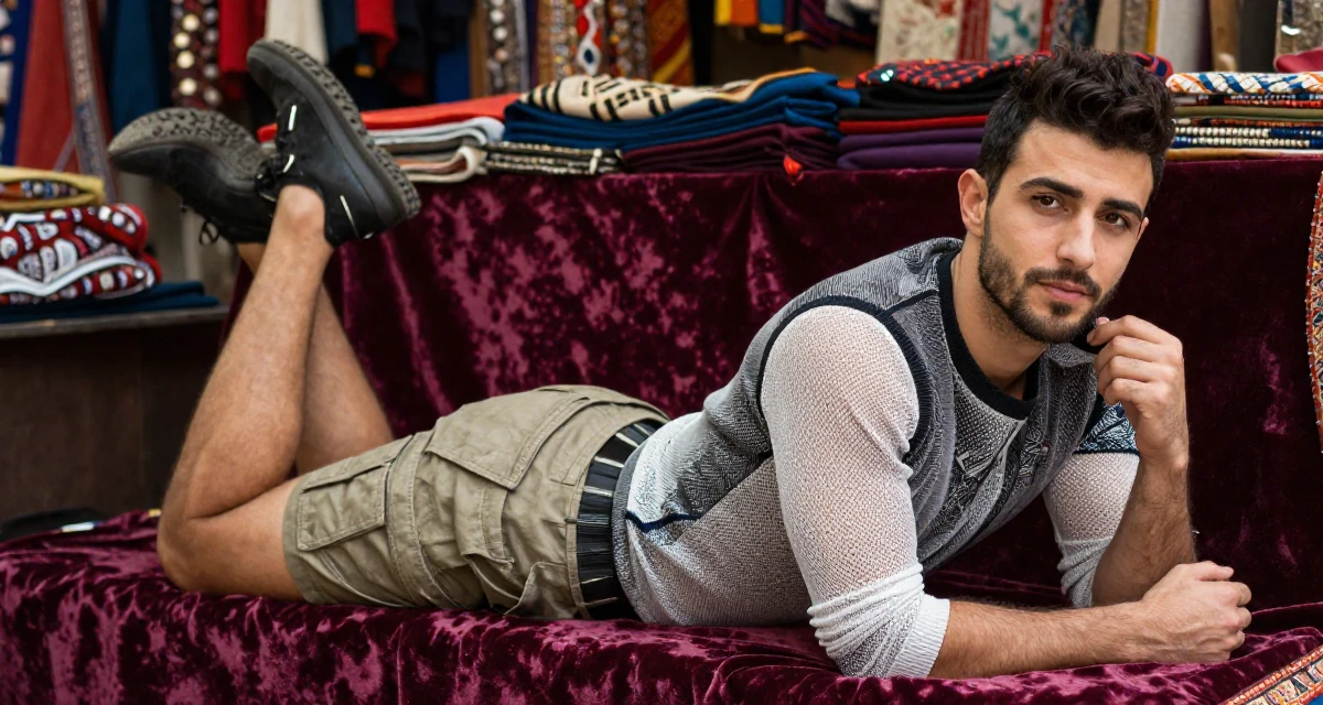 A calm and confident male From Turkey, has a degree in tourism management in their 22, planning monthly photoshoots on a tight budget, wearing a layered mesh top and cargo mini skirt, adjusting a collar in a bustling market.