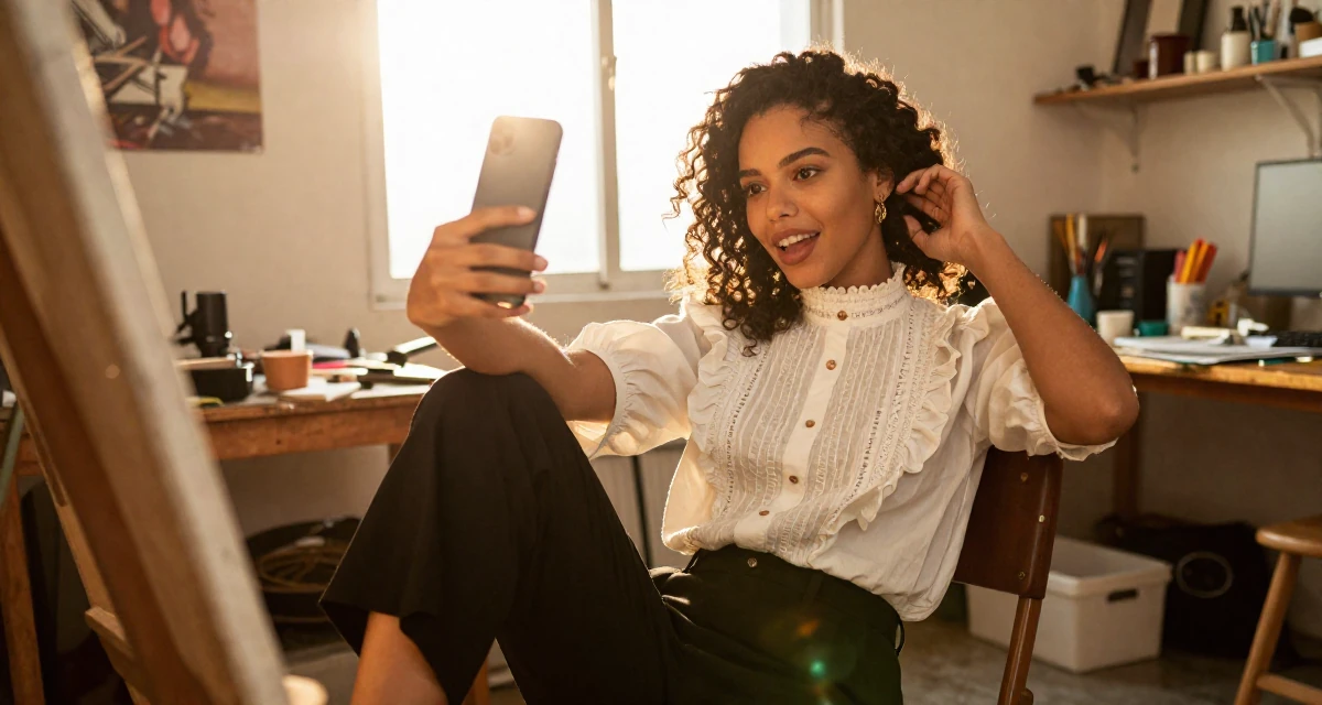 A vibrant Female From Rio de Janeiro Brazil, majored in public relations in their 23, exploring flirtatious selfies that feel natural, wearing a high-neck victorian style blouse and black slacks, tucking hair behind an ear in a messy artist studio.