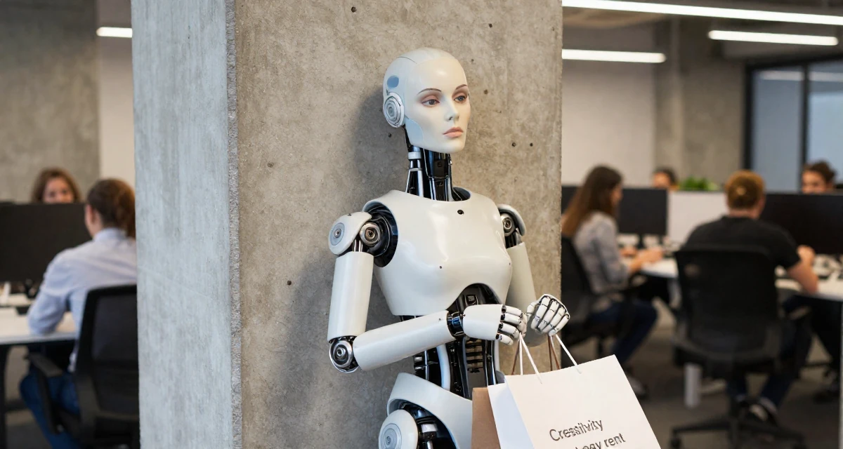 A hypnotic Female Born in Russia, graduated from a local college majoring in marketing in their 23, learning that creativity doesn’t pay rent—consistency does, wearing a cybernetic doll outfit with porcelain-like skin textures, holding a shopping bag in a busy coworking space.