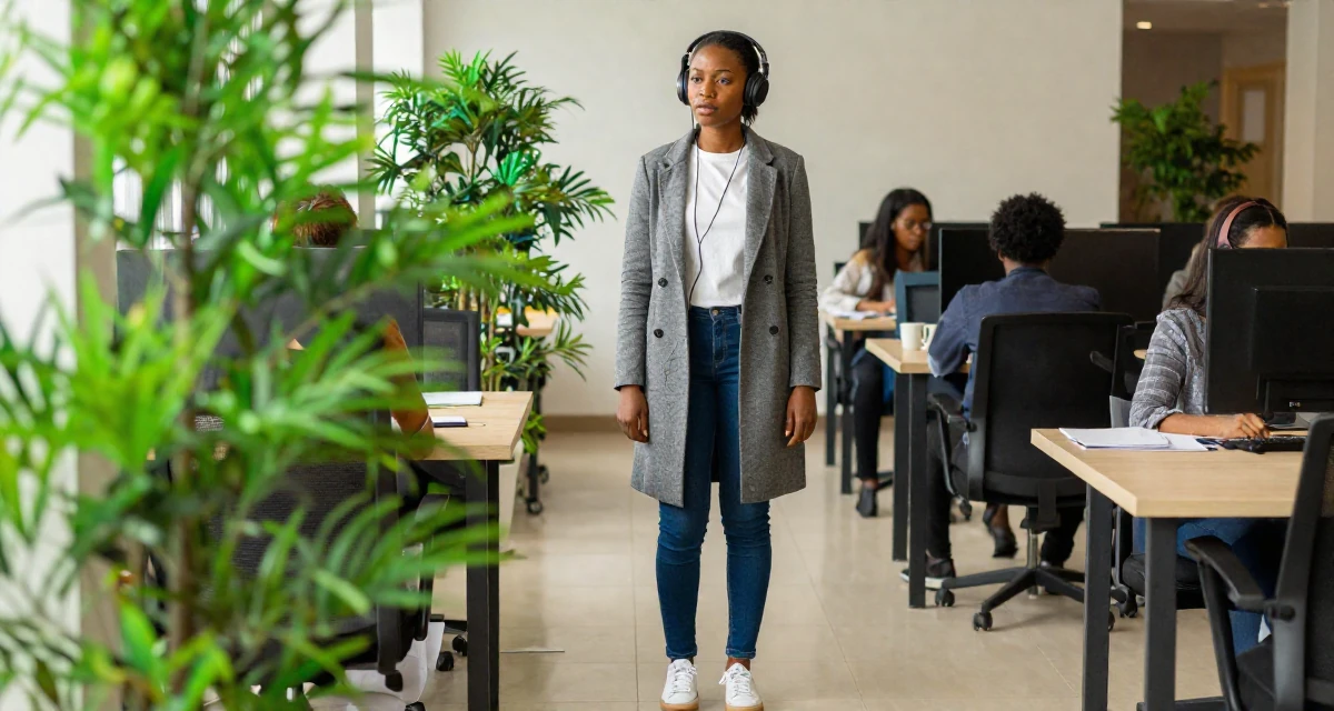 A expectant Female From Ghana, majored in banking and finance in their 22, dating casually to avoid serious commitment, wearing a tailored coat with casual sneakers, listening to music with headphones in a busy coworking space.