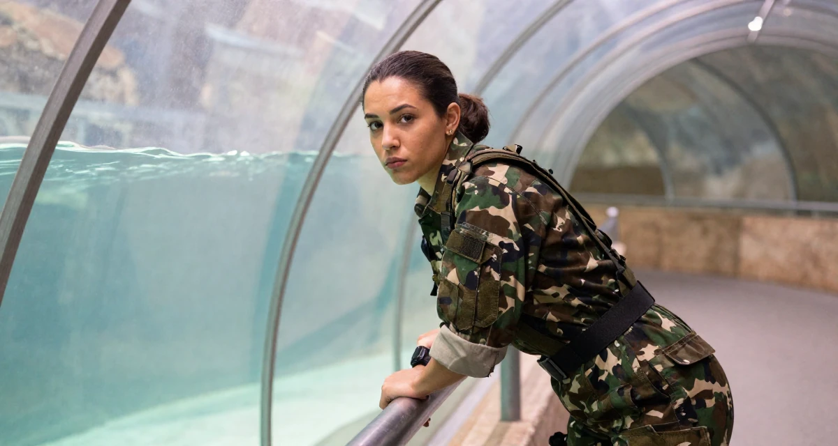 A pouting Female From Rio de Janeiro Brazil, majored in public relations in their 25, handling pressure from family expectations, wearing a commando outfit with camouflage paint and tactical harness, grabbing a railing for support in a aquarium tunnel.