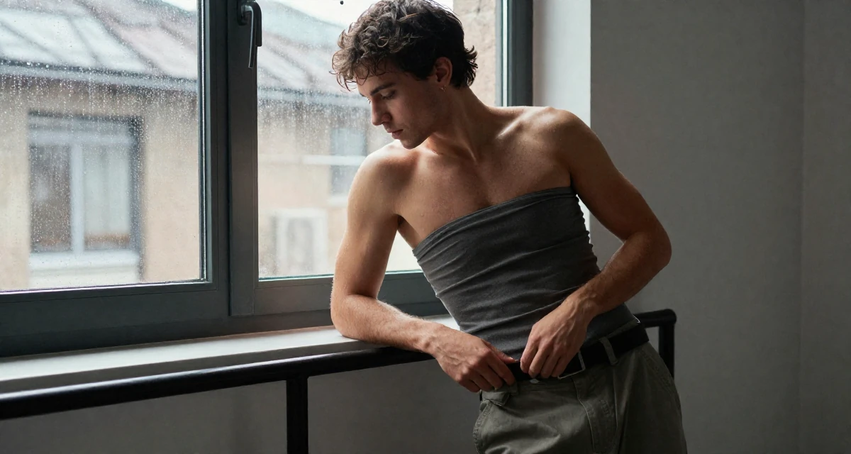 A cool and collected male From Milan Italy, studied fashion styling in their 23, realizing content creation requires real discipline, wearing a strapless tube top and cargo pants, adjusting a belt in a basement studio.