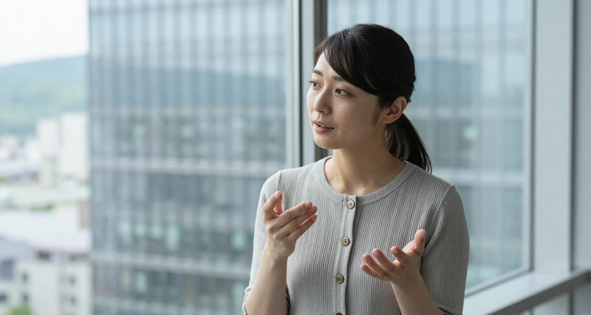 A peaceful Female From Japan, based in Osaka, graduated from a local college majoring in marketing in their 31, feeling the biological clock or societal pressure, wearing a ribbed cotton dress with buttons down the front, gesturing while talking in a high-rise office building.