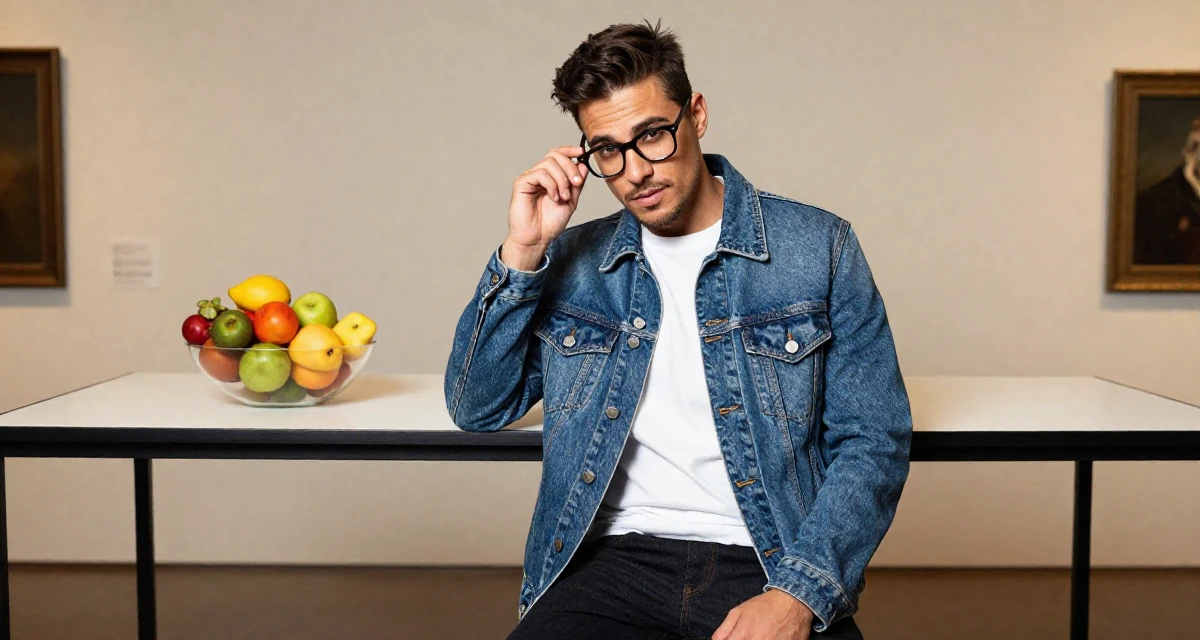 A alluring male From Austria, based in Graz, graduated from an arts academy majoring in emotional portrait direction in their 24, analyzing long-term compatibility in dating, wearing a classic denim jacket and white tee, pushing glasses up the nose in a museum exhibit.