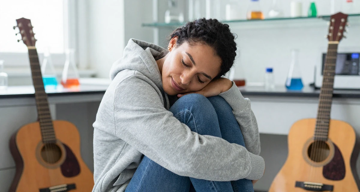 A lighthearted Female Born in South Africa, studied political communication in their 35, passionate about classical music and art, wearing a classic grey hoodie and jeans, waiting for a taxi in a science lab.