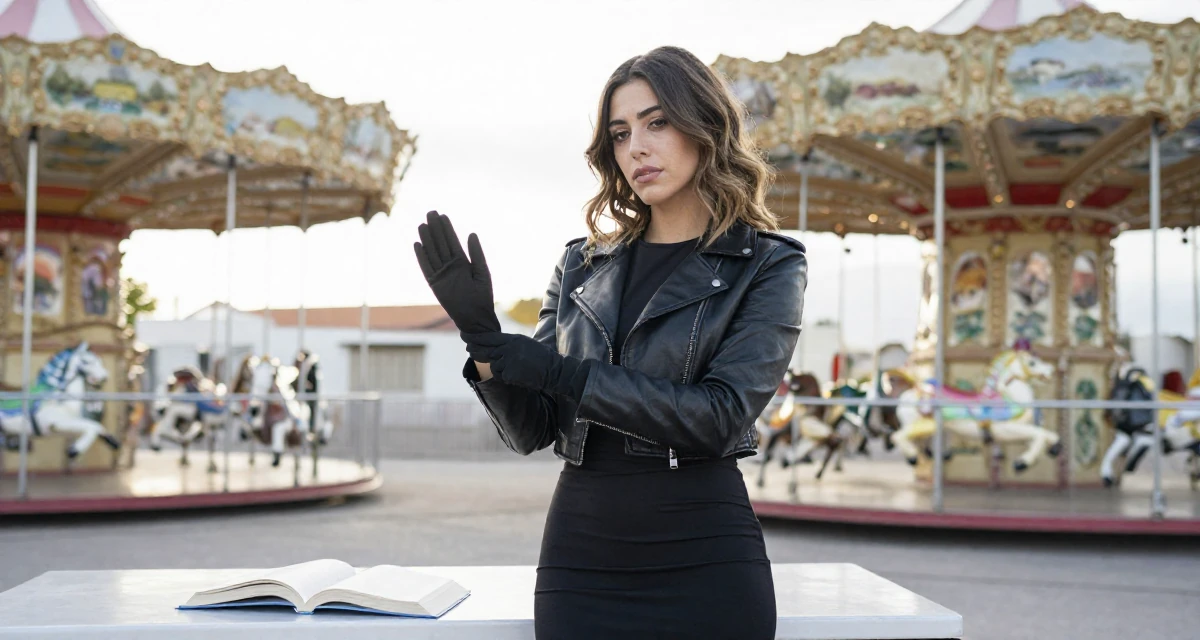 A indifferent Female From Spain, majored in cultural management in their 25, adopting healthier routines for career growth, wearing a cropped leather jacket and a bodycon dress, removing a glove in a carnival with rides.