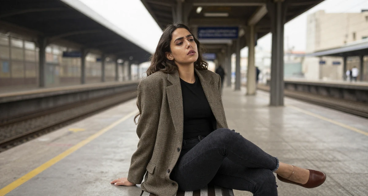 A ambitious Female From Cairo Egypt, studied expressive arts therapy in their 22, exhausted from the hustle of side gigs, wearing a oversized blazer draped over the shoulders, crossing legs in a subway platform.