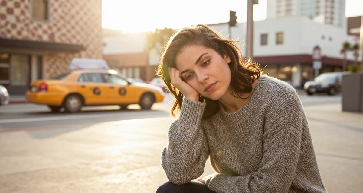 A compassionate Female From Los Angeles USA, majored in performing arts in their 28, facing creator fatigue while pretending to thrive, wearing a textured wool sweater, waiting for a taxi in a pedestrian plaza.