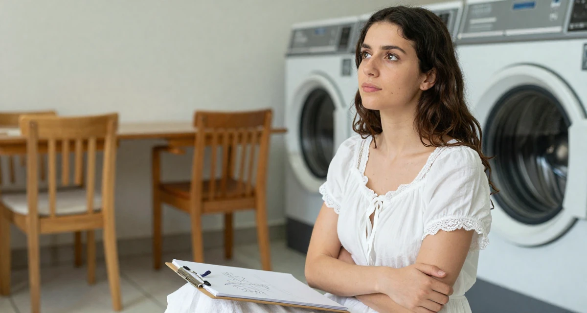 A dreamy Female Born in Greece, majored in content creation & storytelling in their 26, learning to endure hate comments quietly, wearing a white cotton nightgown with lace details, sketching on a pad in a laundromat.