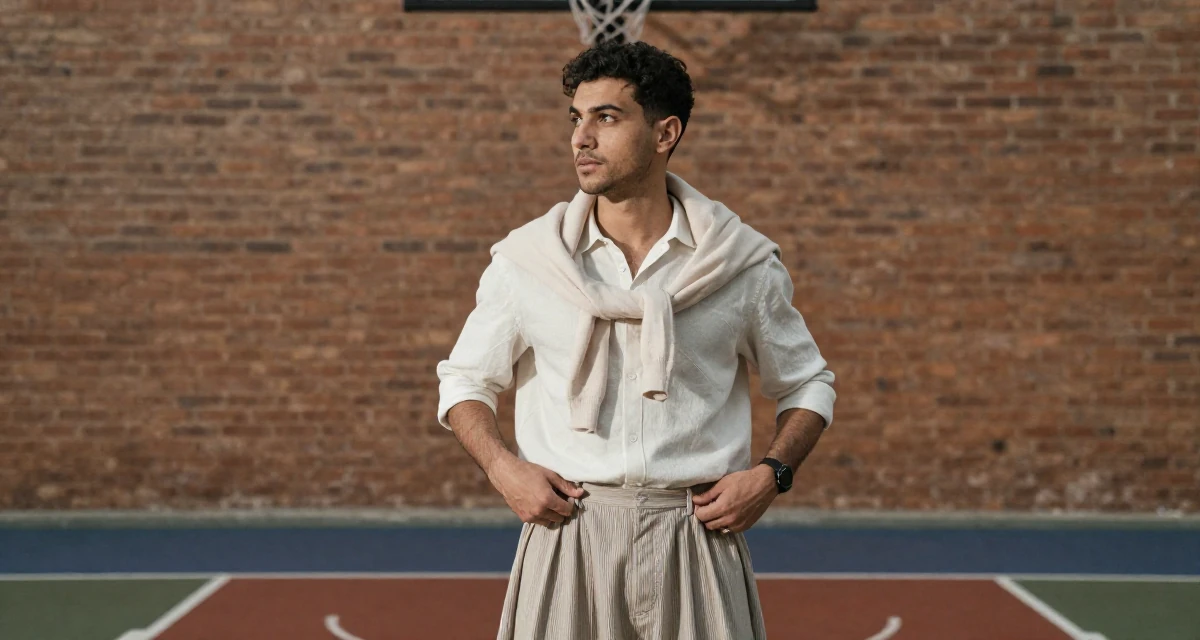 A patient male Born in Greece, majored in content creation & storytelling in their 23, trying to collaborate with other creators for visibility, wearing a light and airy spring attire, fixing the hem of a skirt in a basketball court.