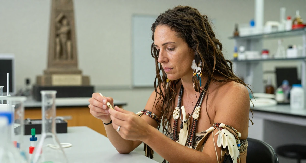 A calmly observant Female Once a swim camp counselor, now leaning into beach-centered creator storytelling in their 40, fit and active lifestyle advocate, wearing a tribal shaman outfit with feathers and bones, inspecting an object in a science lab.