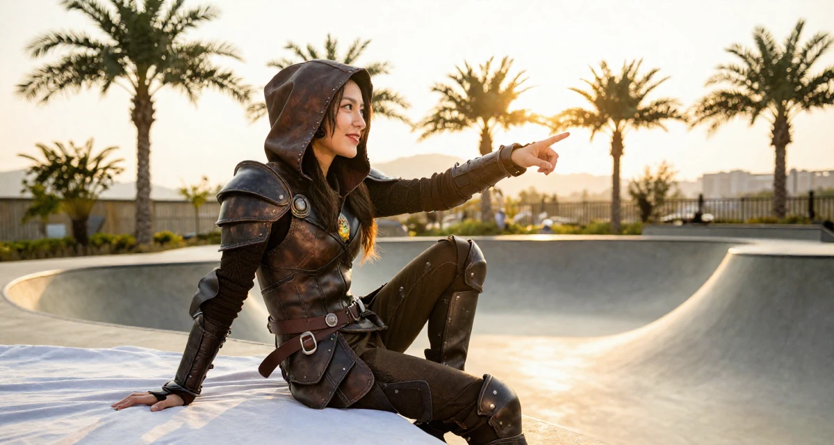 A cheeky Female From Hangzhou China, majored in visual arts in their 29, battling algorithm changes that destroy momentum, wearing a fantasy rogue leather armor with a hood, pointing at something nearby in a skate park.