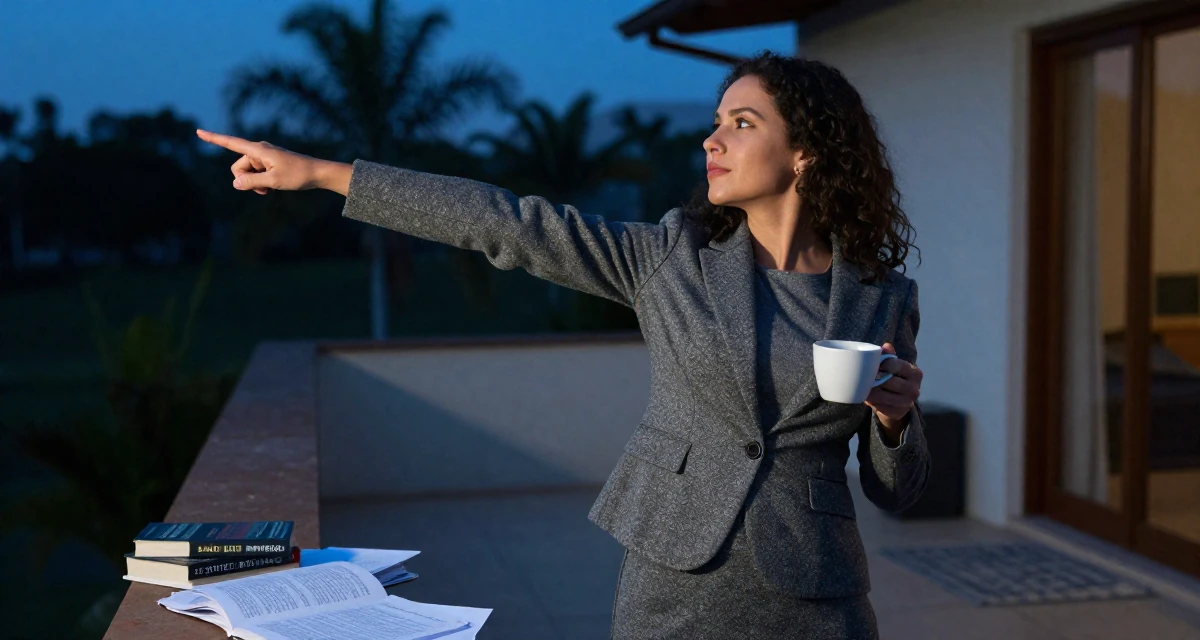A dreamy Female From Brazil, studied software engineering in their 34, seeking spiritual or philosophical growth, wearing a grey wool skirt suit with a fitted jacket, holding a cup of coffee in a sunny patio.