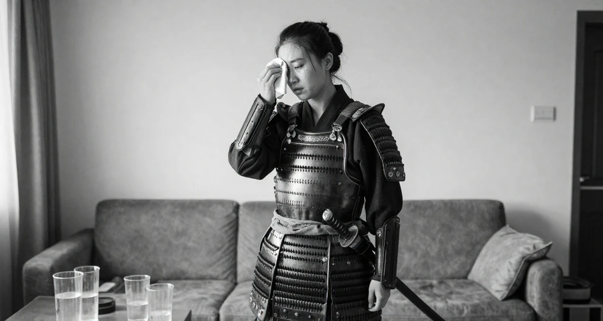 A reflective Female Former software engineer at 25, now crafting premium lifestyle content in their 23, tired of the hookup culture and dating apps, wearing a samurai armor set with a katana at the waist, wiping sweat from the brow in a sunlit living room.