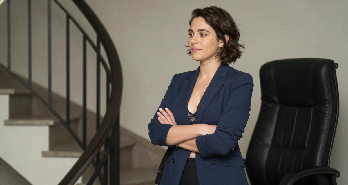 A contented Female Former phone-shop clerk, now combining tech and lifestyle content in their 24, walking briskly with purpose and focus, wearing a fitted blazer with nothing underneath but a lace bra (hinted), putting on a jacket in a winding staircase.