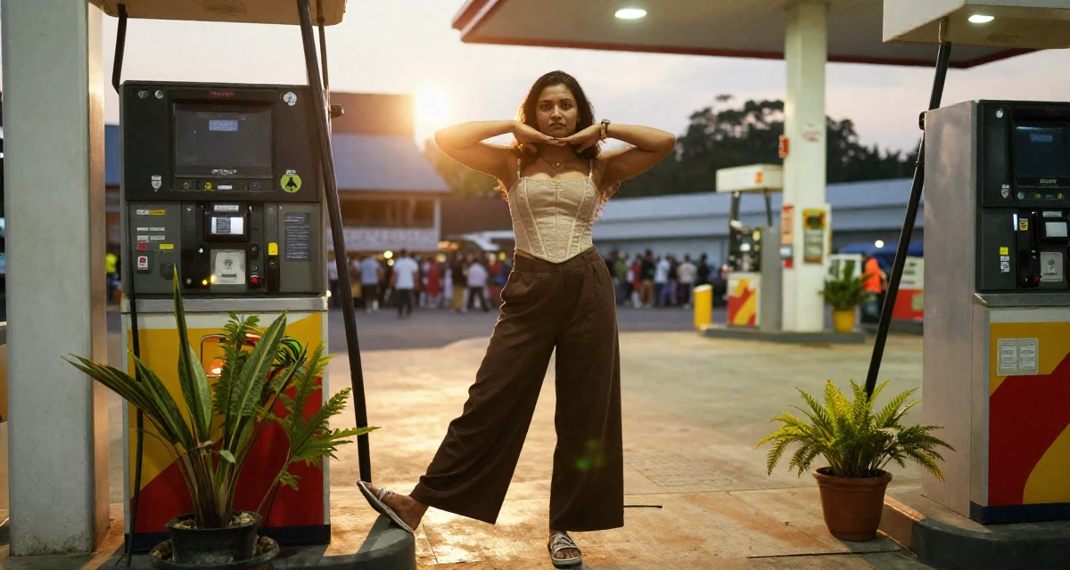 A stoic and strong Female From Sri Lanka, based in Kandy, graduated from a regional institute majoring in advertising in their 43, creating a supportive space for menopause, wearing a corset-style top and wide-leg trousers, tapping a foot in a gas station at night.