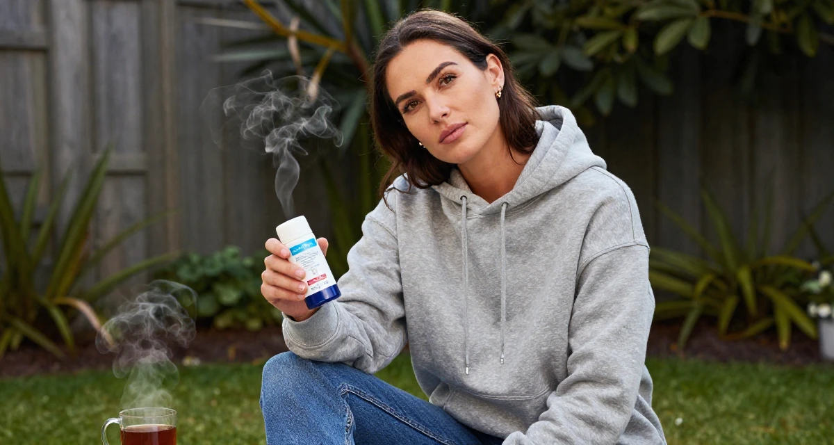 A calm and confident Female From Auckland New Zealand, studied animation in their 32, recovering from burnout and prioritizing rest, wearing a classic grey hoodie and jeans, examining a product in a backyard garden.