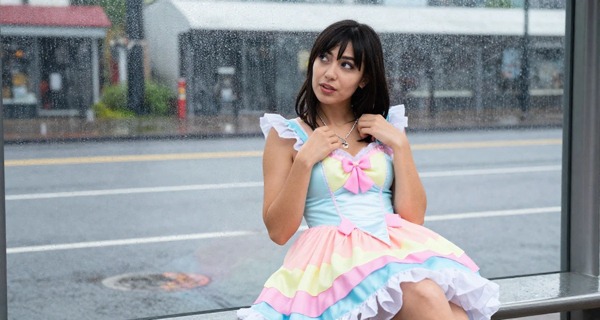 A playful Female From Australia, has a diploma in business administration in their 24, building a sensual brand with consistency, wearing a candy-themed magical girl dress with pastel colors, touching a necklace in a bus stop in the rain.
